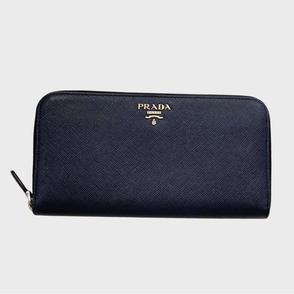 PRADA Dark Navy Blue Saffiano Leather Large Zip Top Wallet